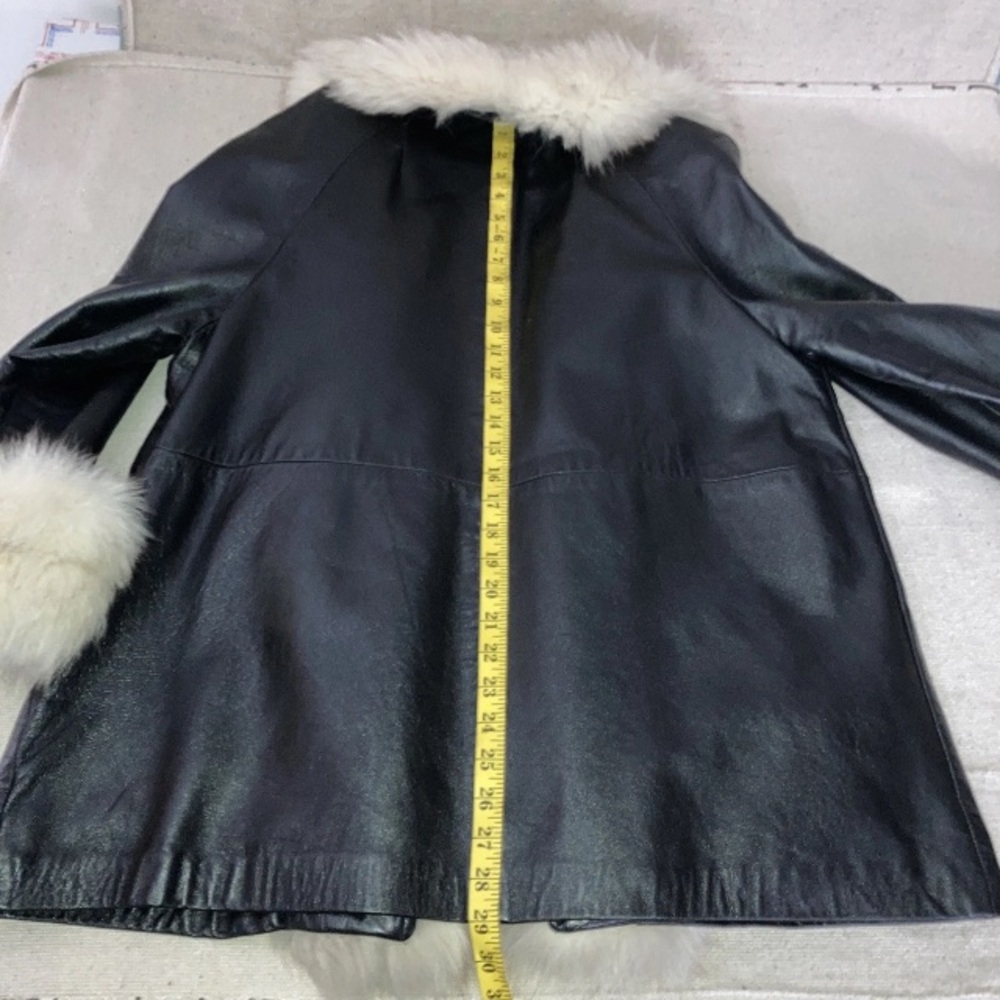 Vintage 60s Leather Penny Lane Fox Fur Collar Front Cuffs Trim Swing Coat Jacket - Picture 15 of 16